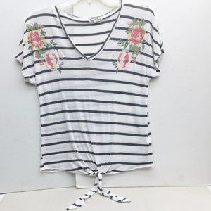 About A Girl Womens Blouse White Black Stripe Embroidered Cap Sleeve Twist Tie M